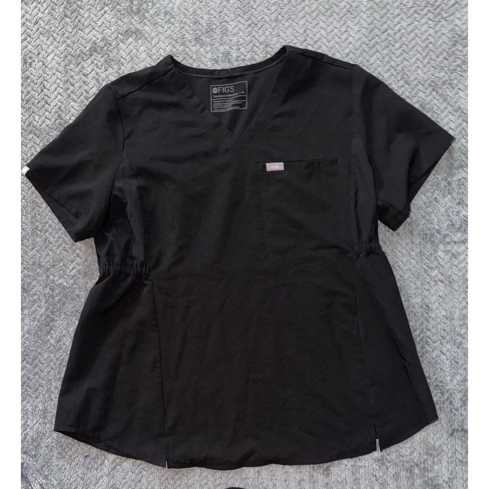 FIGS Women's Technical Collection Scrub Top Black Peplum Stretch V Neck Sz XL
